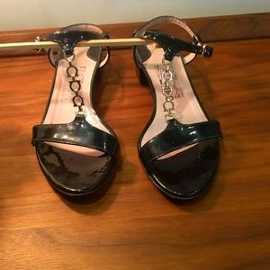 Salvatore Ferragamo patent leather black sandal with gold chain embellis…